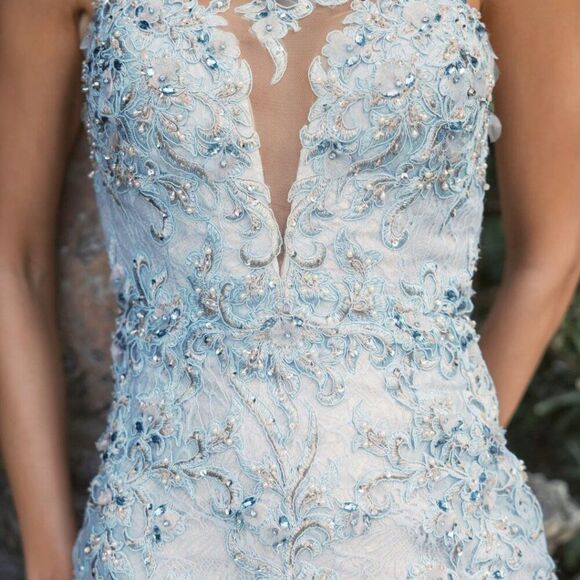 Mac Duggal Size 12 Light Blue Embroidered Feathered Trumpet Long Maxi Gown Dress - Picture 4 of 11